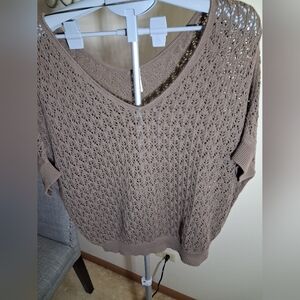 V-Neck Knit Crochet Sweater - Brown 100% Cotton